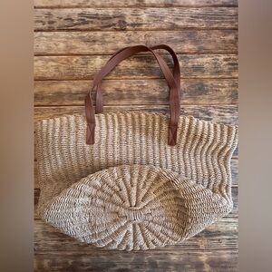 J. Crew Natural Woven Tote with Brown Handles